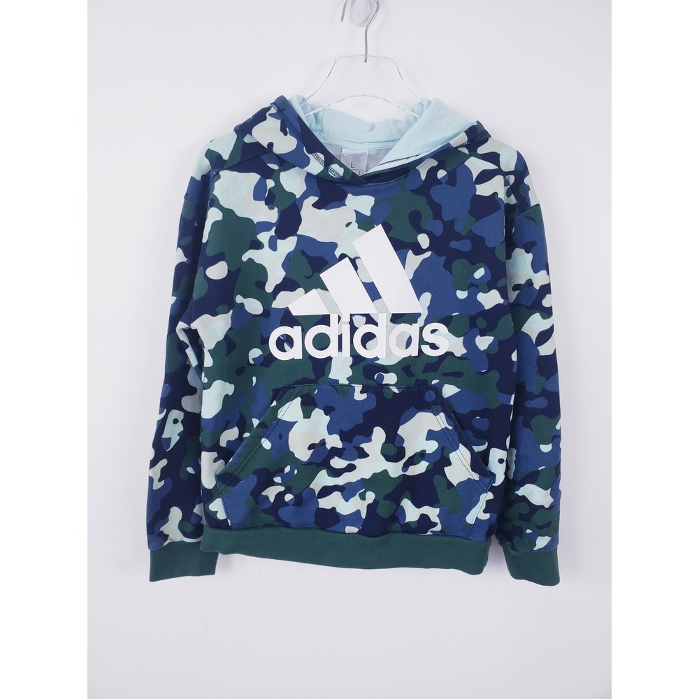 Adidas Hoodie Blue Camo Logo Pullover Boys Youth Size Large 14/16 AA7484